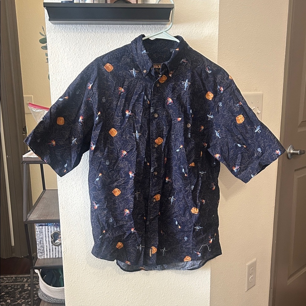 Woolrich Fly Fishing Lure Creel Lake Depth Contour Map Print Shirt Men’s M